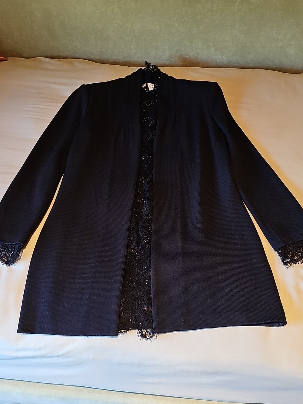 St. John Evening Black Santana Knit Jacket with Sequin Lace Trim